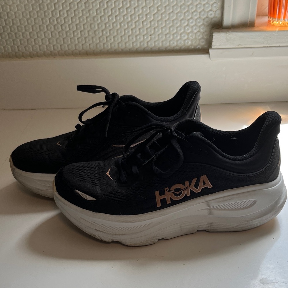 Hoka Black and Rose Gold Bondi 9 Shoes